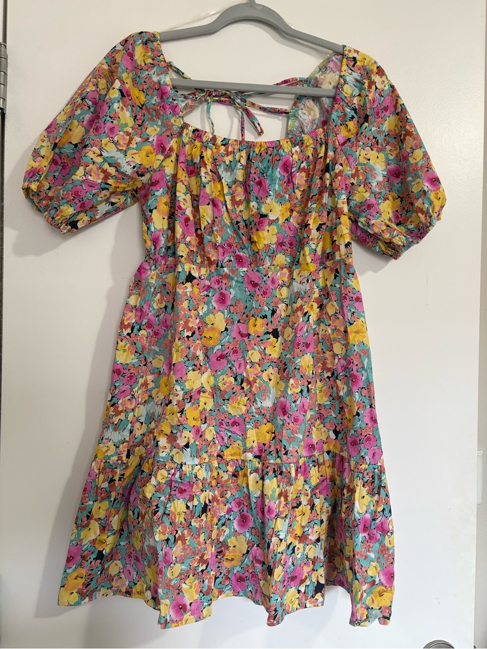 Lush Yellow, Pink & Teal Floral Puff-Sleeve Dress